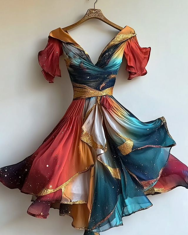 Vacation Handmade Color-Blocking Rainbow Irregular Dress