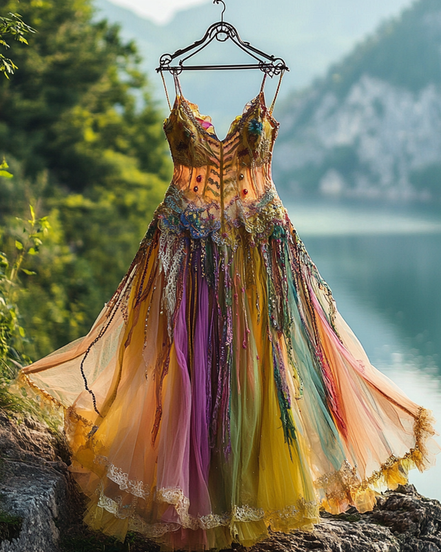 Summer Irregular Lace Patchwork Beaded Ruffle Dress