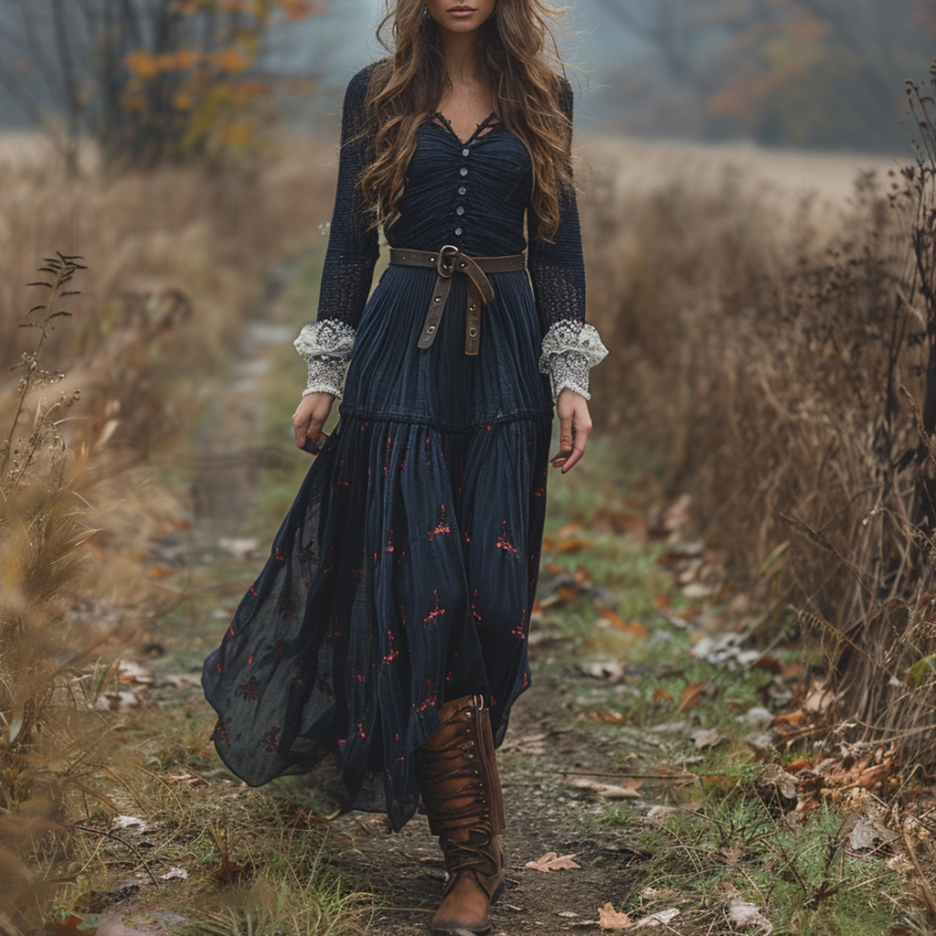 Women's Vintage V-neck Linen Long-sleeve Maxi Long Dress