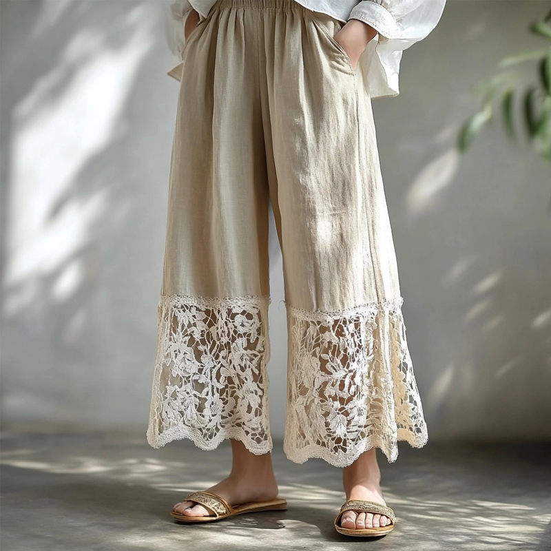 Vintage Hollow Floral Lace Patchwork Flowy Linen Pants