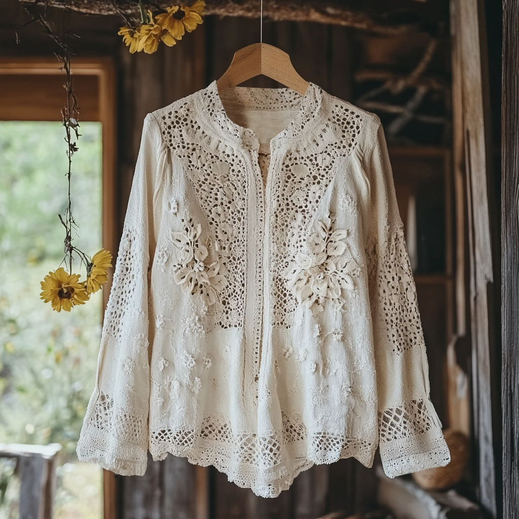 Women's Retro Floral Lace Embroidery Art V-neck Shirt