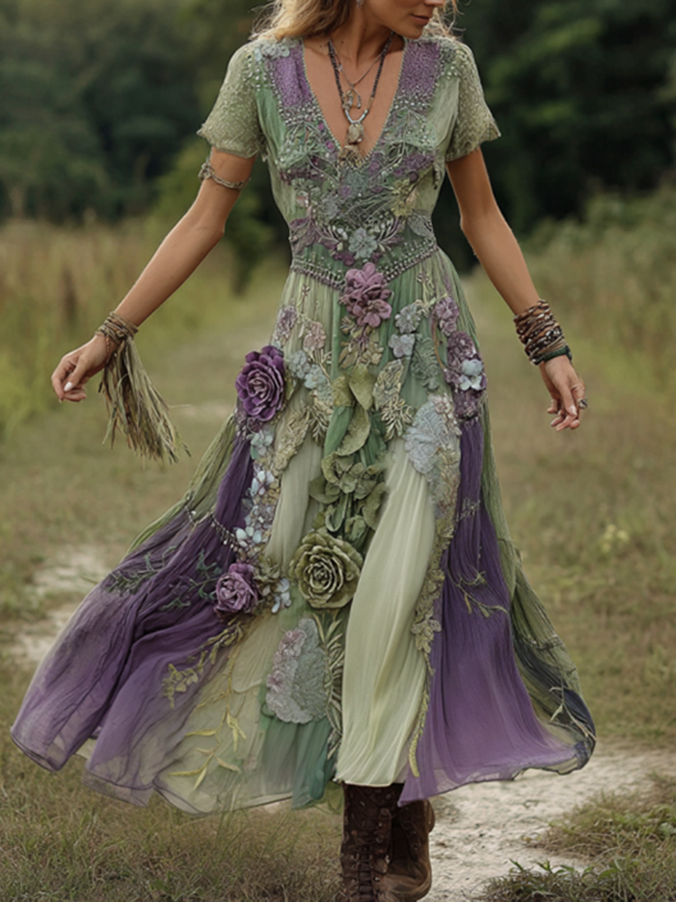 Classy Gradient Purple Lavender And Floral Embroidered Linen Maxi Dress