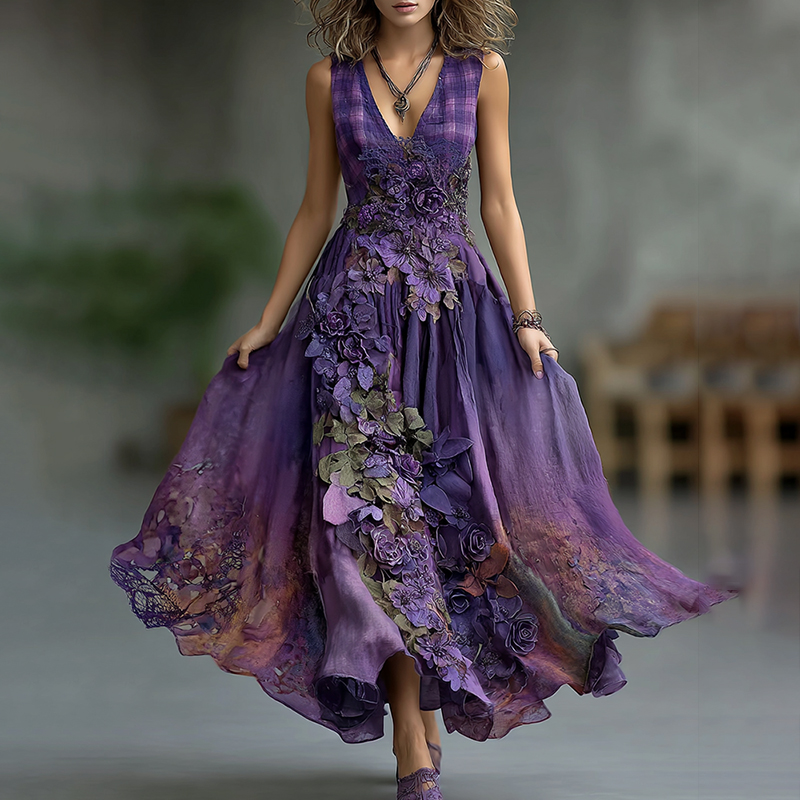 Vintage Embroidered Floral Plaid Patchwork Belt Maxi Dress