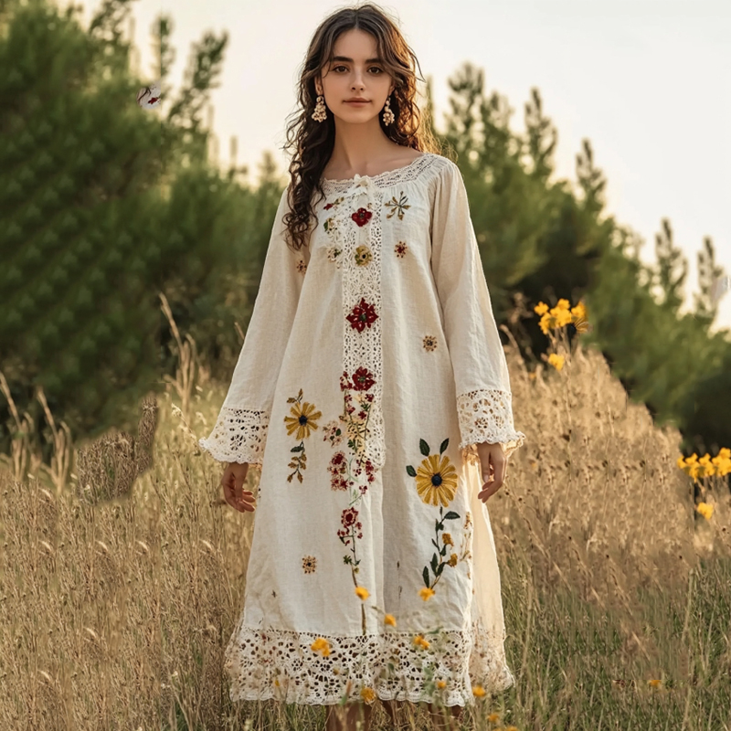 Women's Embroidered Floral Lace Long Sleeve Midi Dress