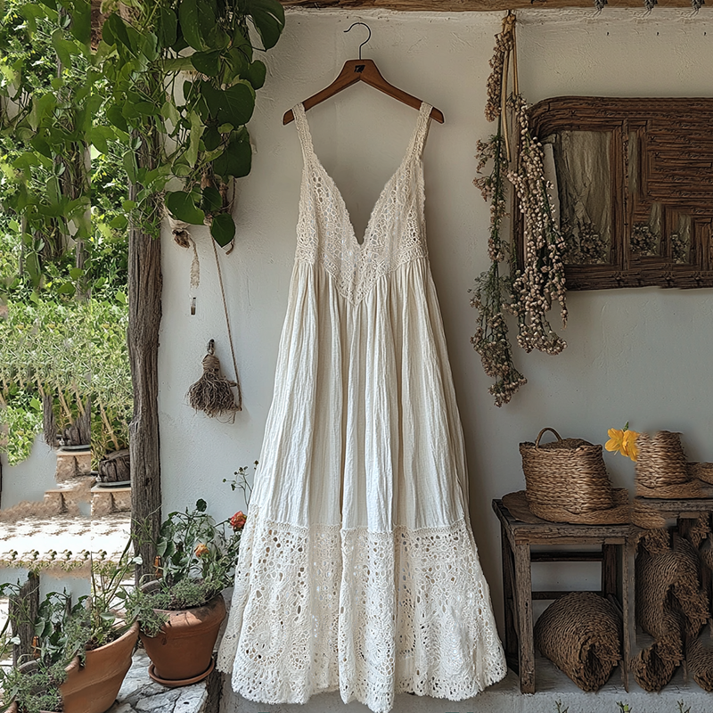 Vintage Lace Art Linen Maxi Suspender Dress