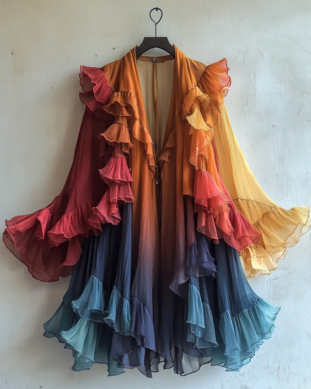 Color-Blocking Rainbow Ruffle Coat
