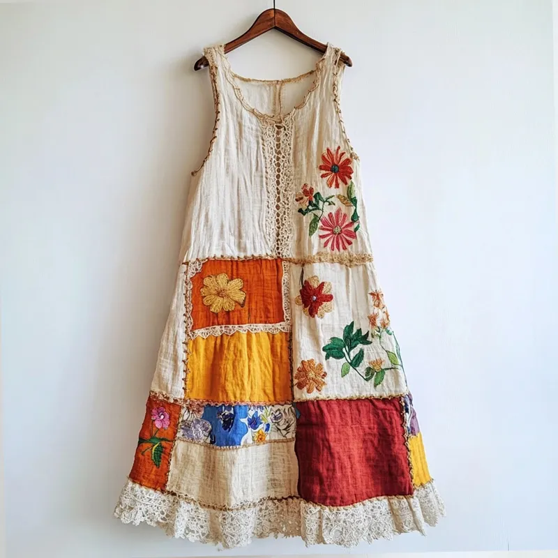 Boho Floral Lace Patchwork Linen Blend Dress