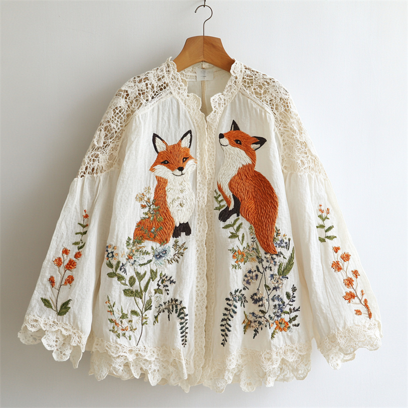 Fox Floral Embroidered Hollow Lace Patchwork Blouse
