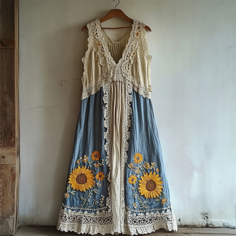 Boho Sunflowers Embroidered Lace Hem Linen Dress