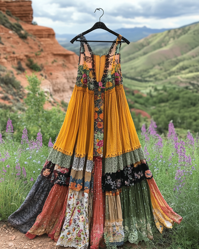 Summer colorful vacation patchwork contrast dress