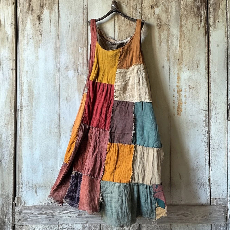 Multicolor Patchwork Art Linen Blend Vintage Dress