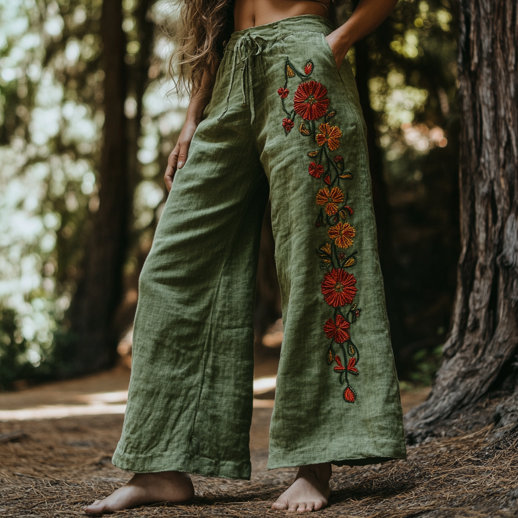 Bohemian Holiday Style Linen Bohemian Floral Print Linen Long Loose Wide-leg Pants
