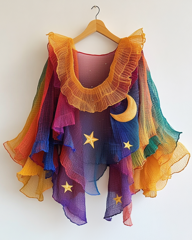 Color-Blocking Rainbow Moon And Stars Ruffle Top