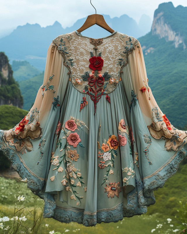 Summer Vacation Ruffle Lace Chiffon Contrast Kaftan Dress