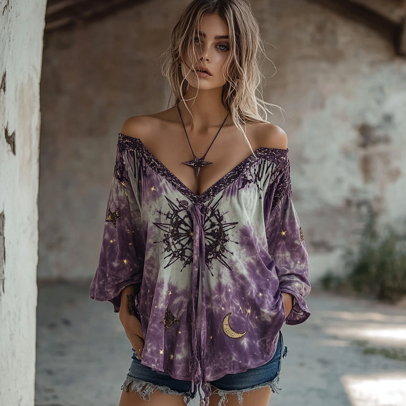 Ethnic handmade star and moon embroidery irregular off-shoulder top