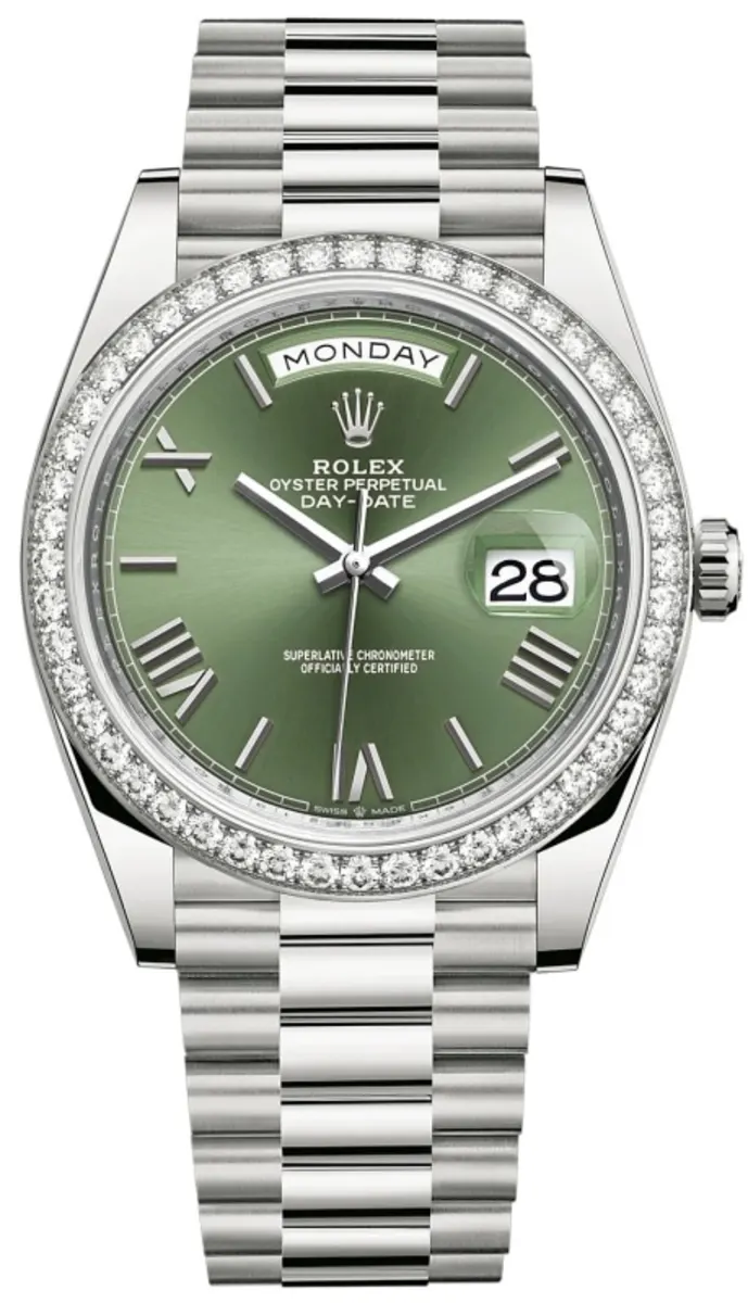 Rolex Day-Date 40 18k White Gold Olive Green Dial Diamond Bezel Men's Watch M228349RBR-0030