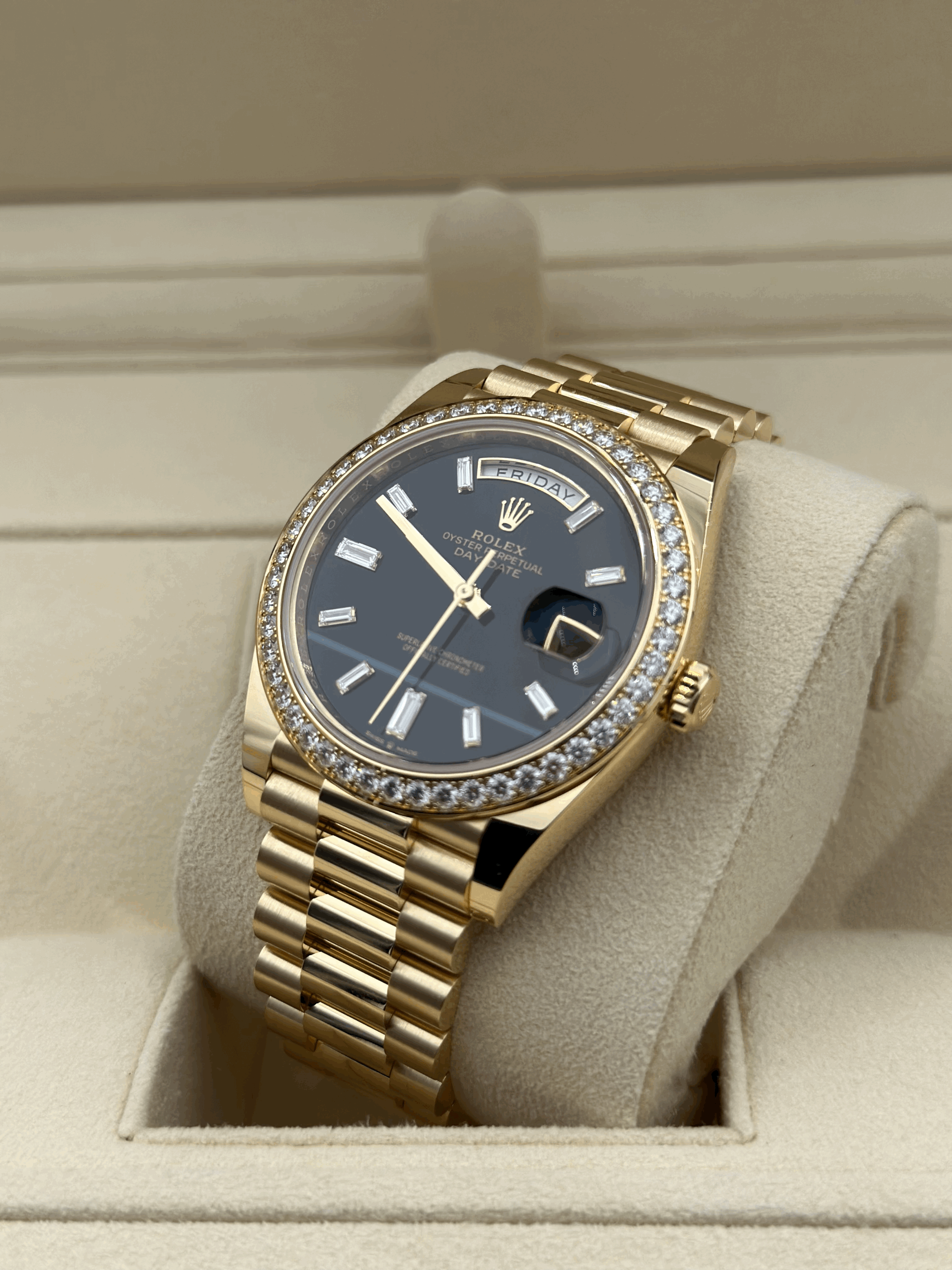Day-Date 40 Yellow Gold Presidential Bracelet Black Baguette Dial Diamond Bezel Ref. 228348RBR-0001