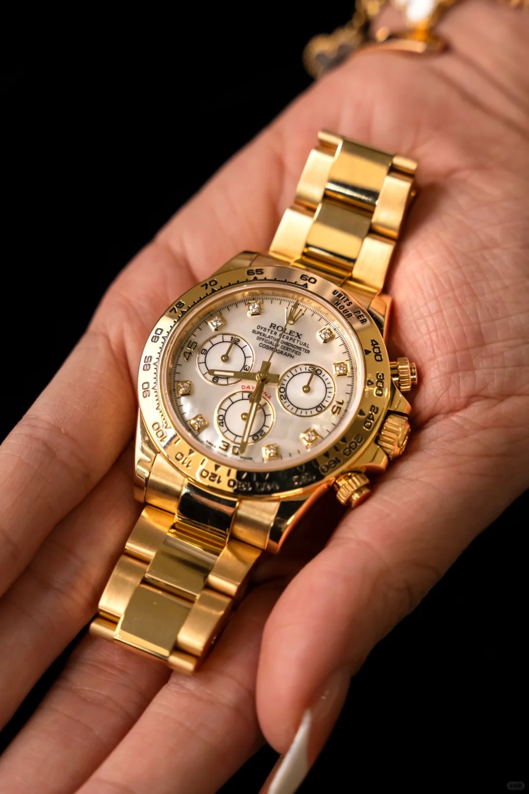 Rolex Cosmograph Daytona White Mother of Pearl Diamond Dial, Yellow Gold, 116508