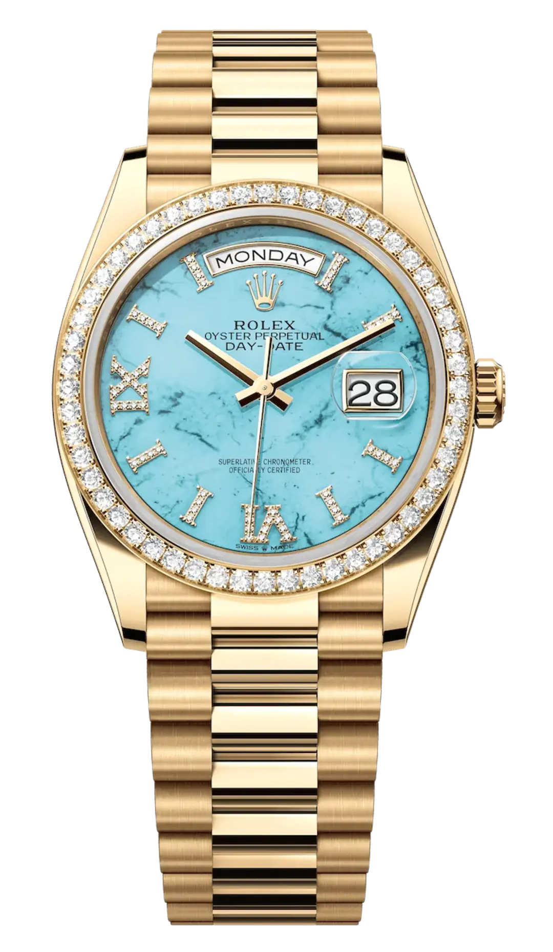 Rolex Day-Date 128348RBR Yellow Gold Diamond Bezel Turquoise Diamond Dial