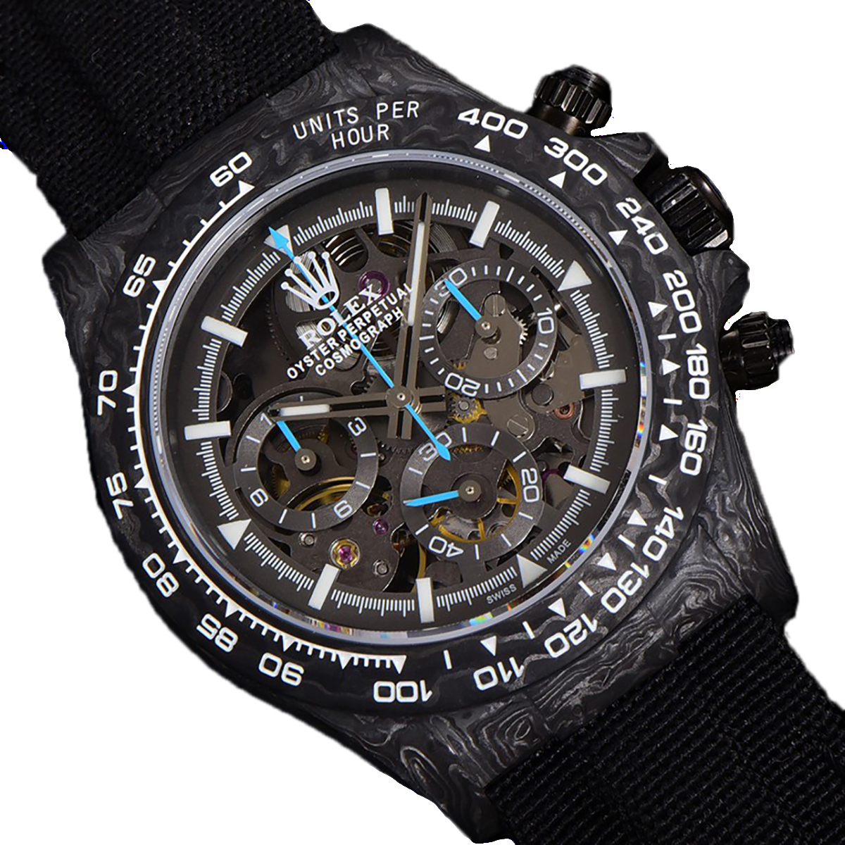 DIW Daytona Skeleton Dial in Carbon with Blue Hands on Black Nylon Strap