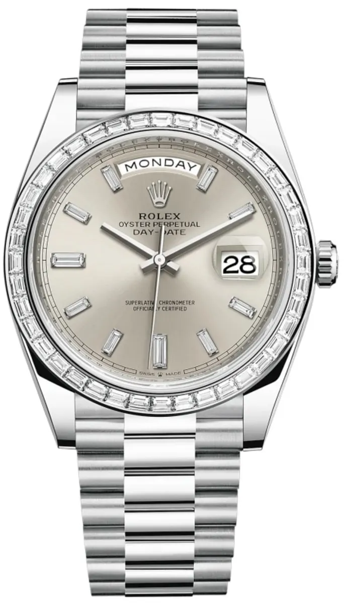 Rolex Day-Date 40 Platinum Silver Diamond Dial Diamond Bezel Men's Watch M228396TBR-0011