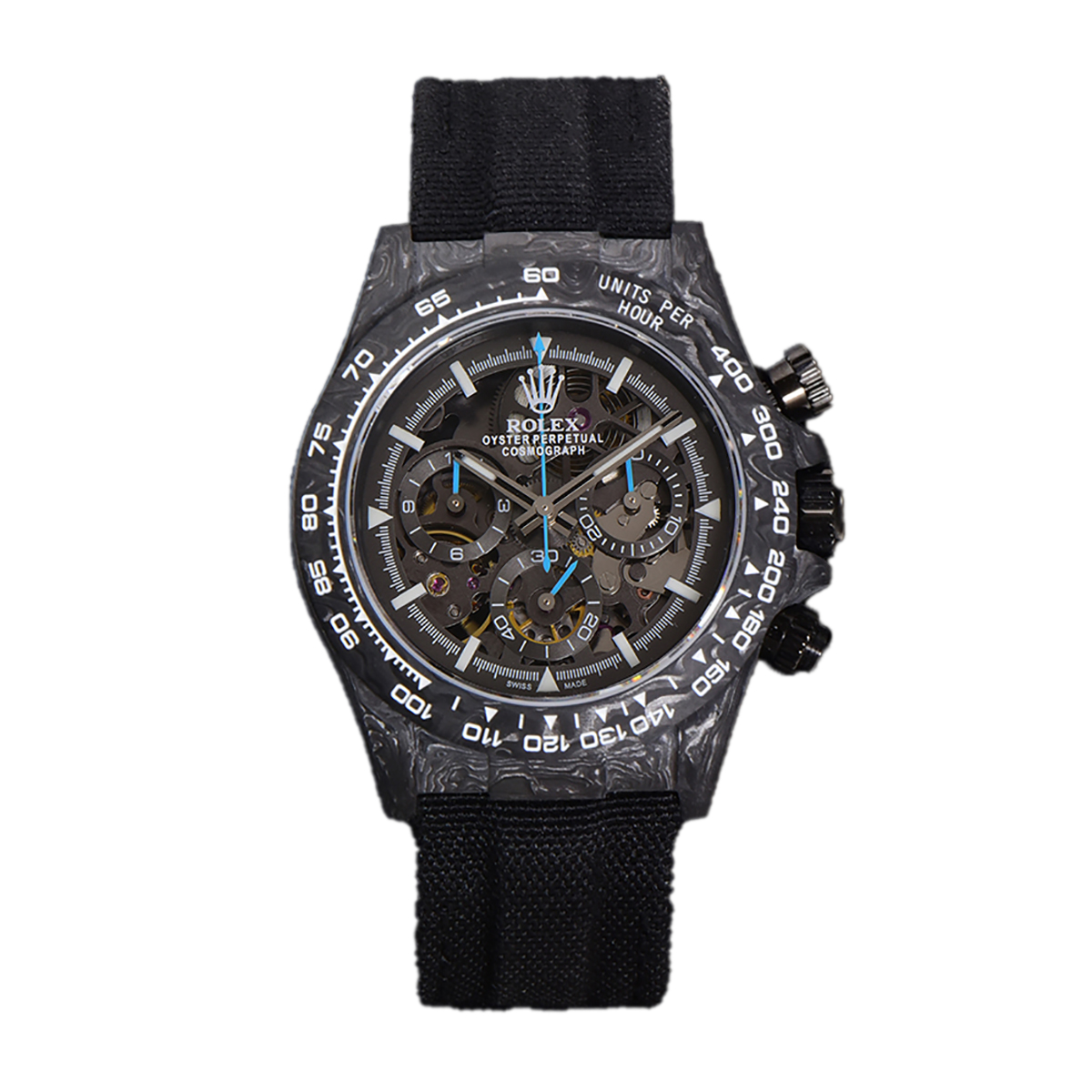 DIW Daytona Skeleton Dial in Carbon with Blue Hands on Black Nylon Strap