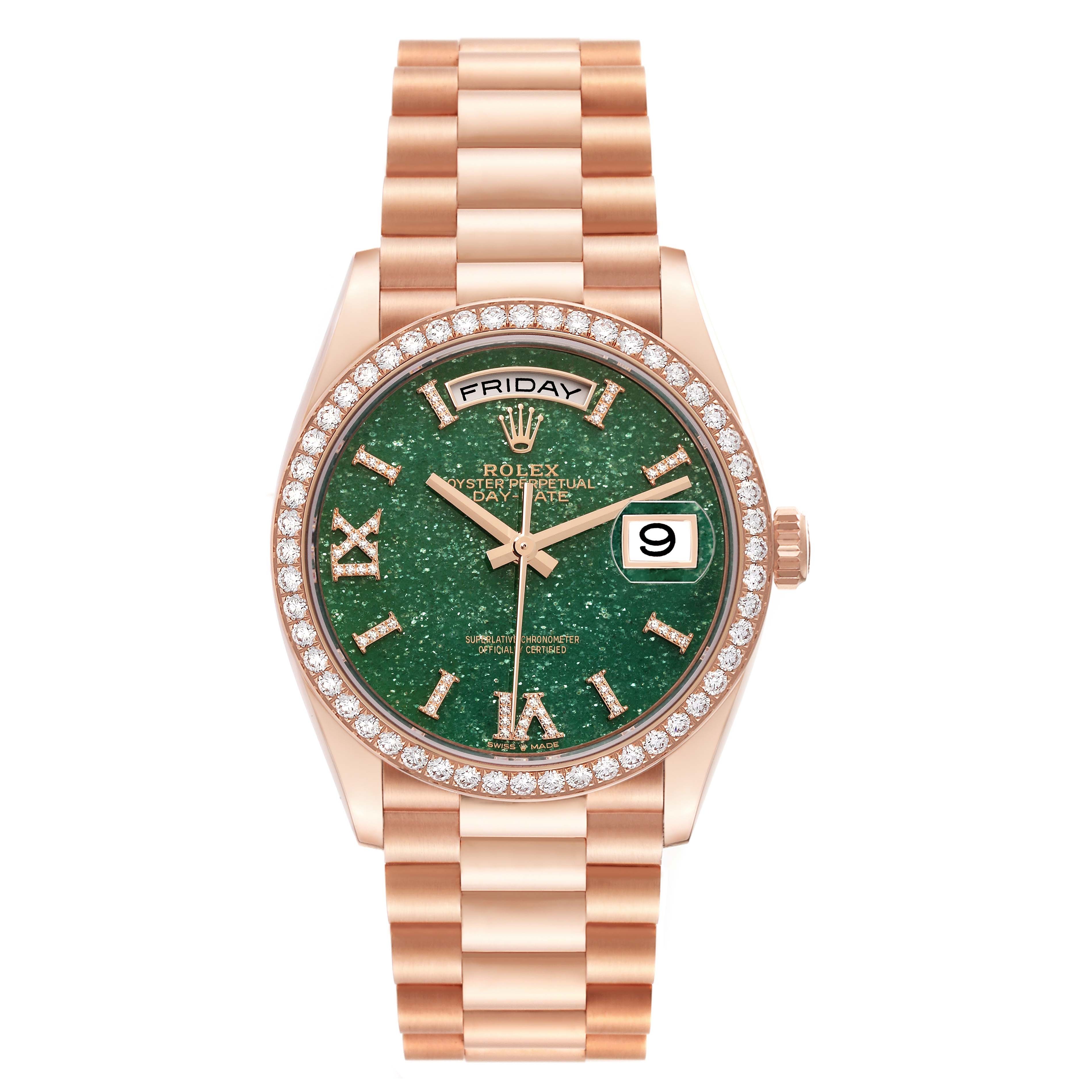 Rolex Day-Date Rose Gold Green Aventurine Diamond-Set Roman Dial Diamond Bezel Women's Watch M128345RBR-0068