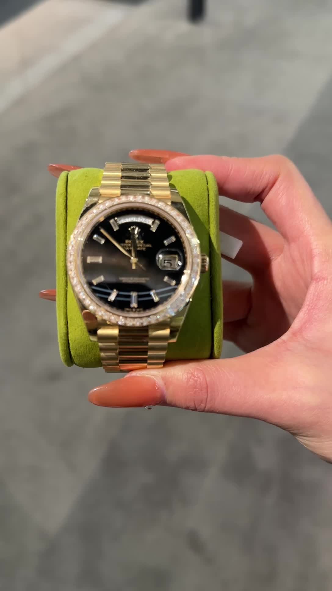 Day-Date 40 Yellow Gold Presidential Bracelet Black Baguette Dial Diamond Bezel Ref. 228348RBR-0001