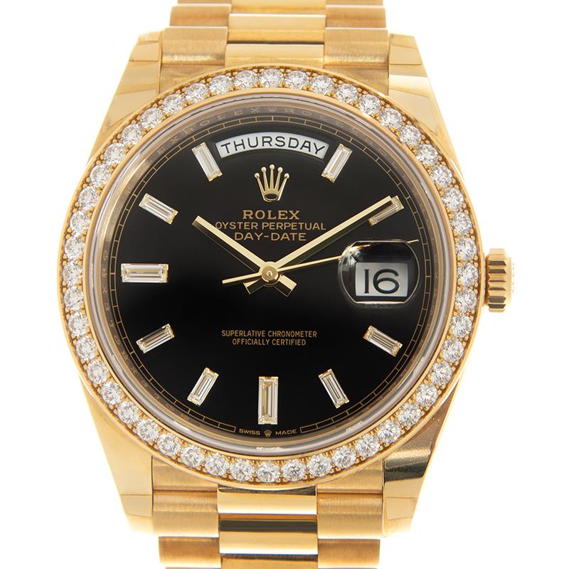 Day-Date 40 Yellow Gold Presidential Bracelet Black Baguette Dial Diamond Bezel Ref. 228348RBR-0001