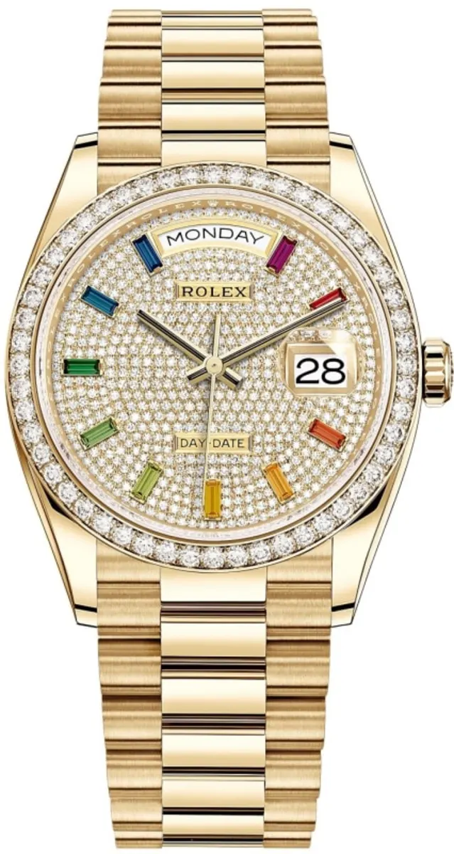 Rolex Day-Date Yellow Gold Diamond-Paved Dial Diamond Bezel Women's Watch M128348RBR-0030