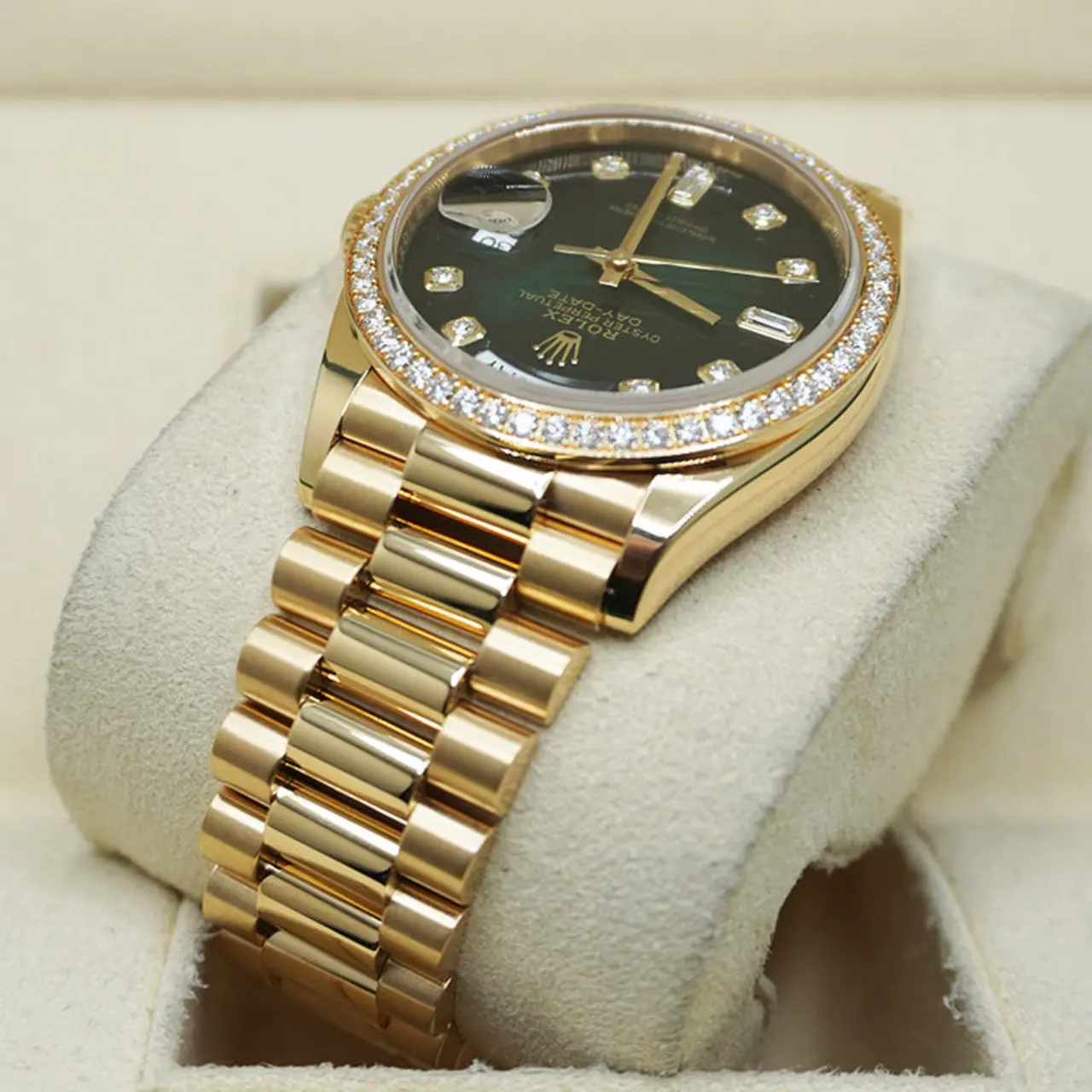 Rolex Day Date 36mm - Ref: 128348rbr-0035 - Green Ombre Diamond Dial & Diamond Bezel, 18K Yellow Gold President Bracelet Watch
