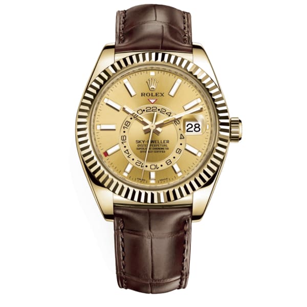 Rolex Sky-Dweller Champagne Dial Automatic 18kt Yellow Gold Leather Strap 326138-0006