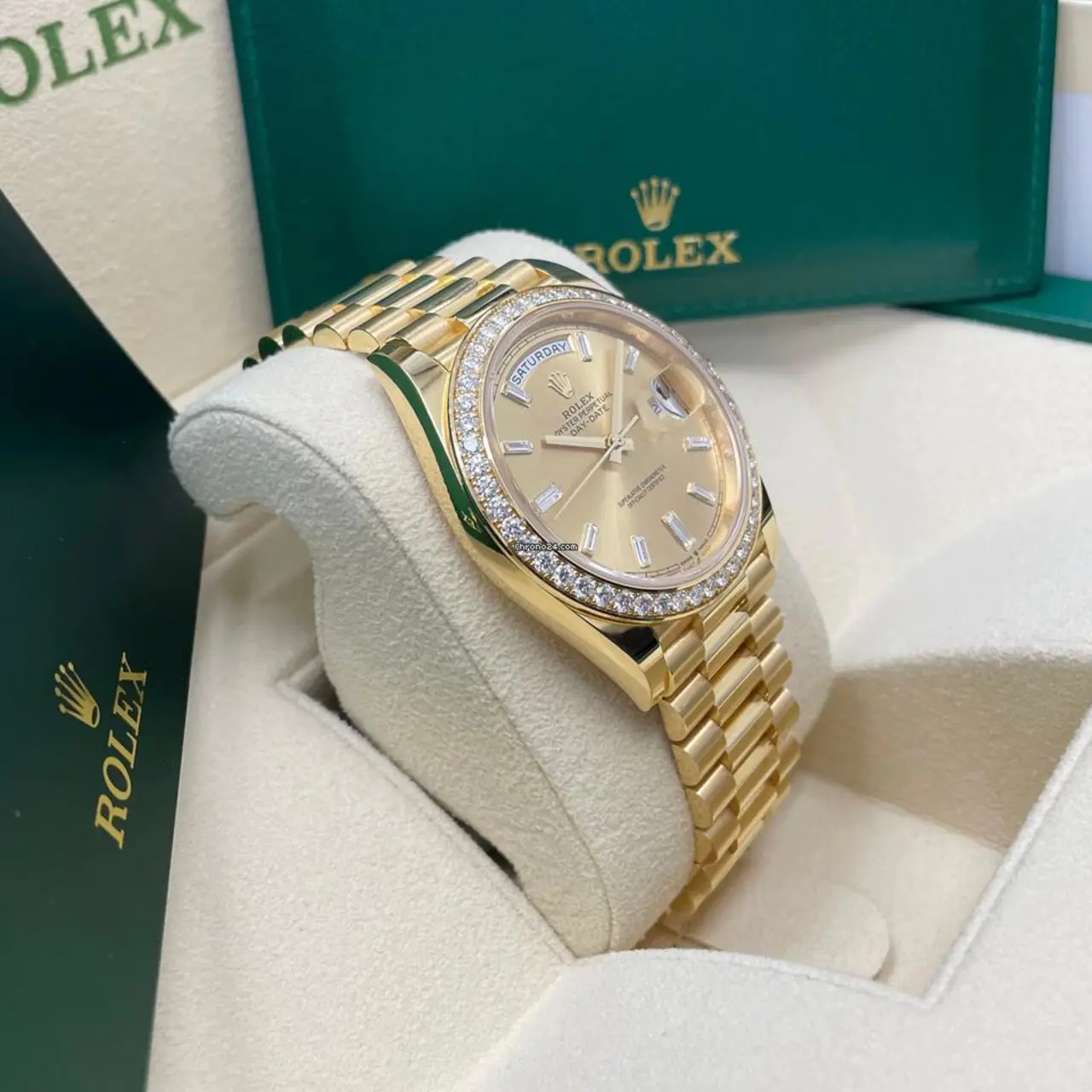 Rolex Day-Date 228348RBR Yellow Gold Diamond Bezel Champagne Diamond Dial