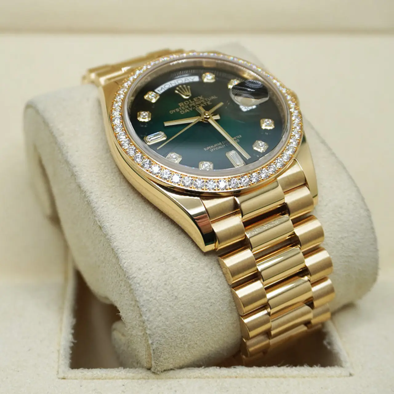 Rolex Day Date 36mm - Ref: 128348rbr-0035 - Green Ombre Diamond Dial & Diamond Bezel, 18K Yellow Gold President Bracelet Watch
