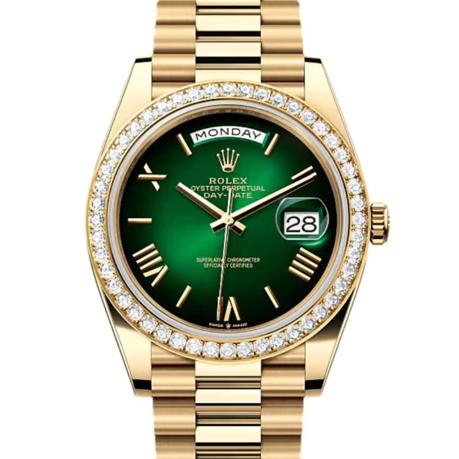 Rolex Day-Date 228348RBR Yellow Gold Green Ombre Roman Numeral Dial Diamond Bezel Replica