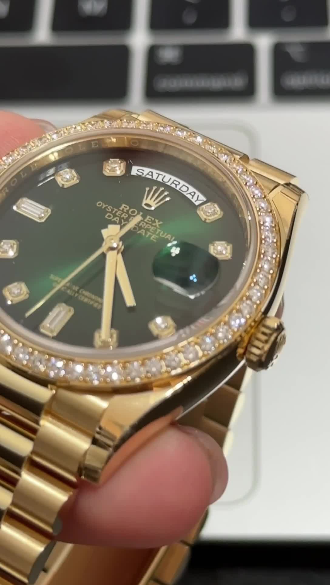 Rolex Day-Date 228348RBR Yellow Gold Green Ombre Roman Numeral Dial Diamond Bezel Replica