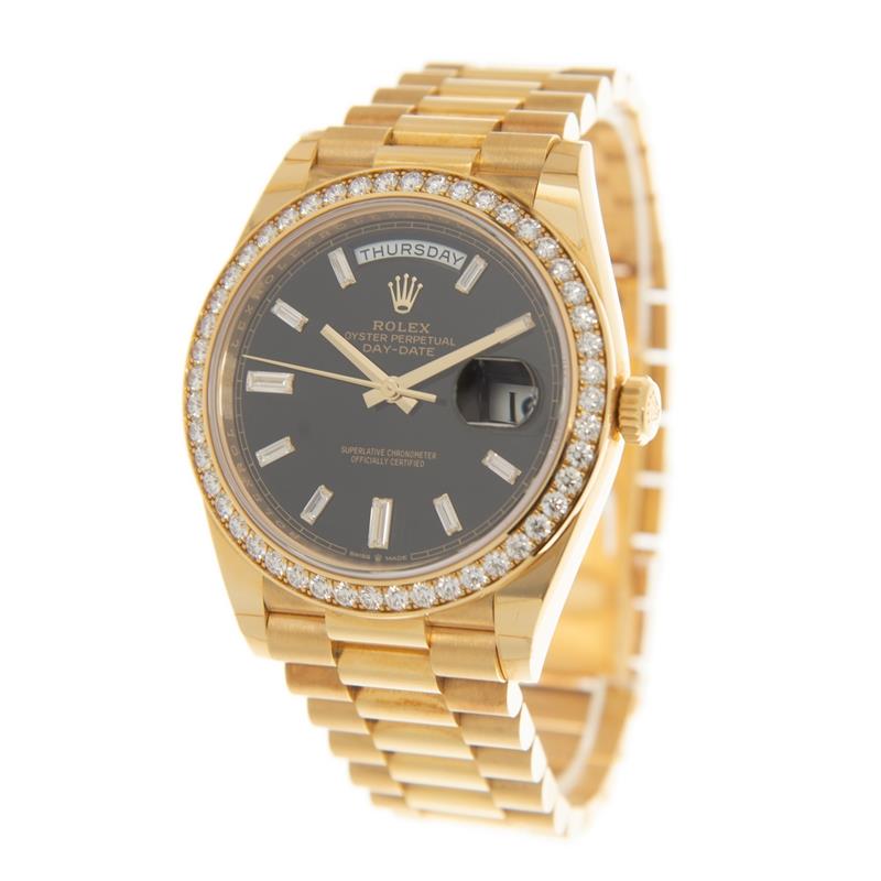 Day-Date 40 Yellow Gold Presidential Bracelet Black Baguette Dial Diamond Bezel Ref. 228348RBR-0001