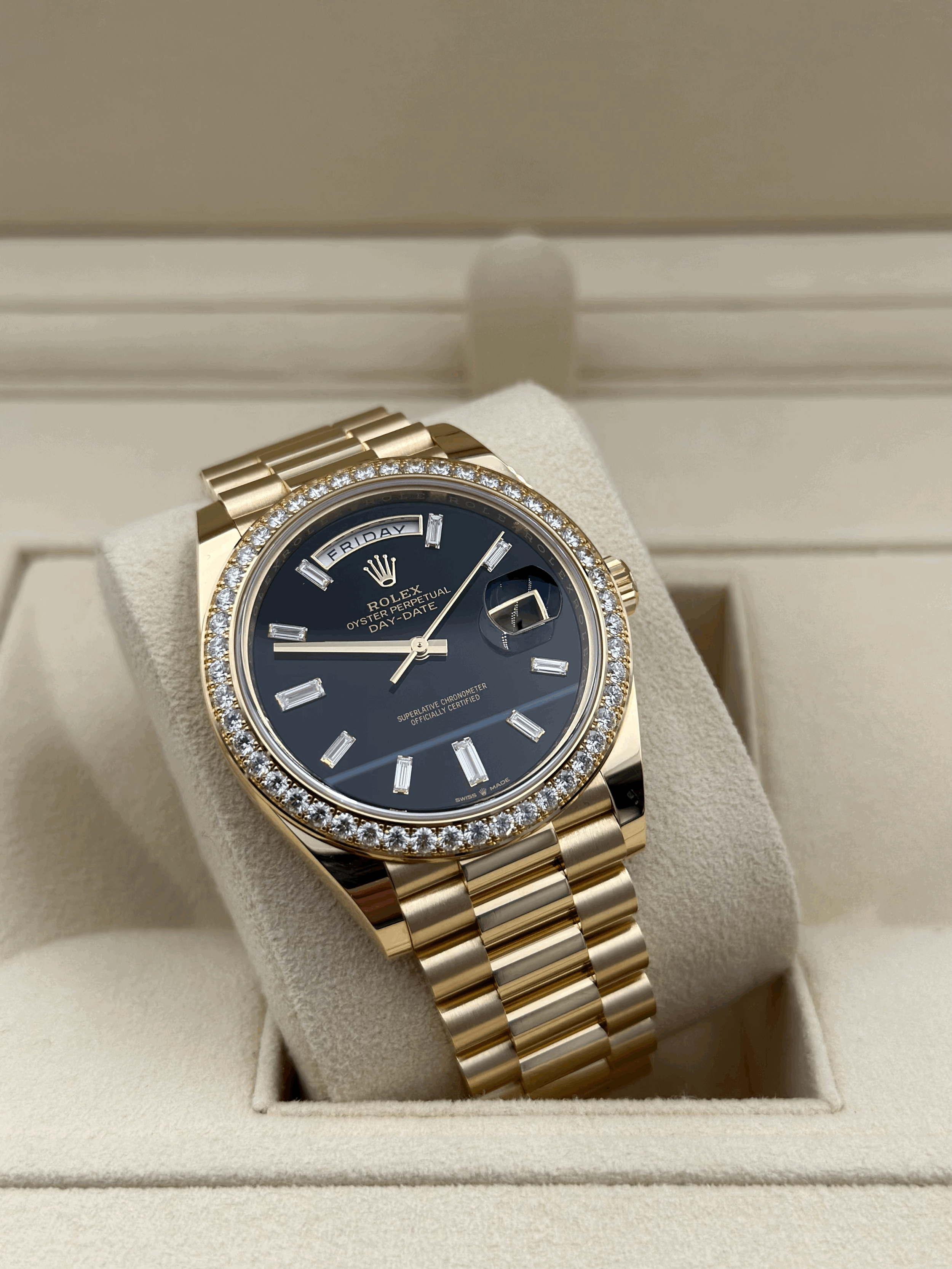 Day-Date 40 Yellow Gold Presidential Bracelet Black Baguette Dial Diamond Bezel Ref. 228348RBR-0001