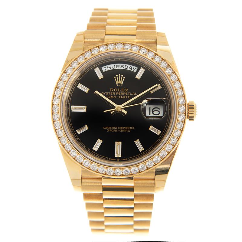 Day-Date 40 Yellow Gold Presidential Bracelet Black Baguette Dial Diamond Bezel Ref. 228348RBR-0001