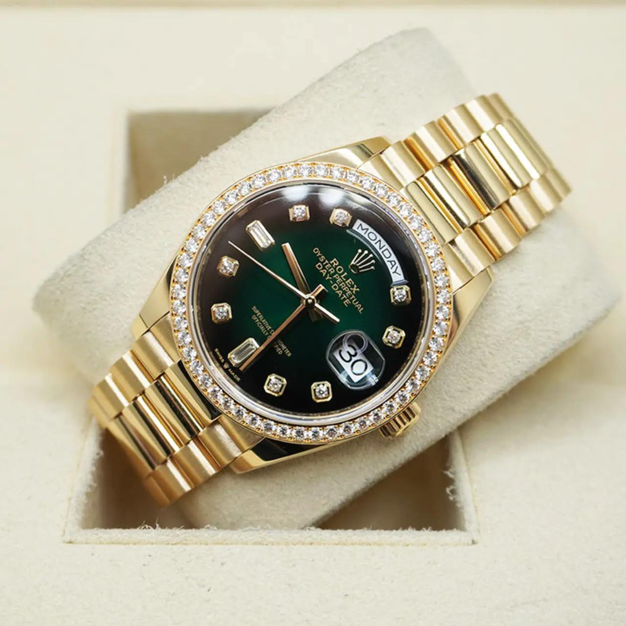 Rolex Day Date 36mm - Ref: 128348rbr-0035 - Green Ombre Diamond Dial & Diamond Bezel, 18K Yellow Gold President Bracelet Watch