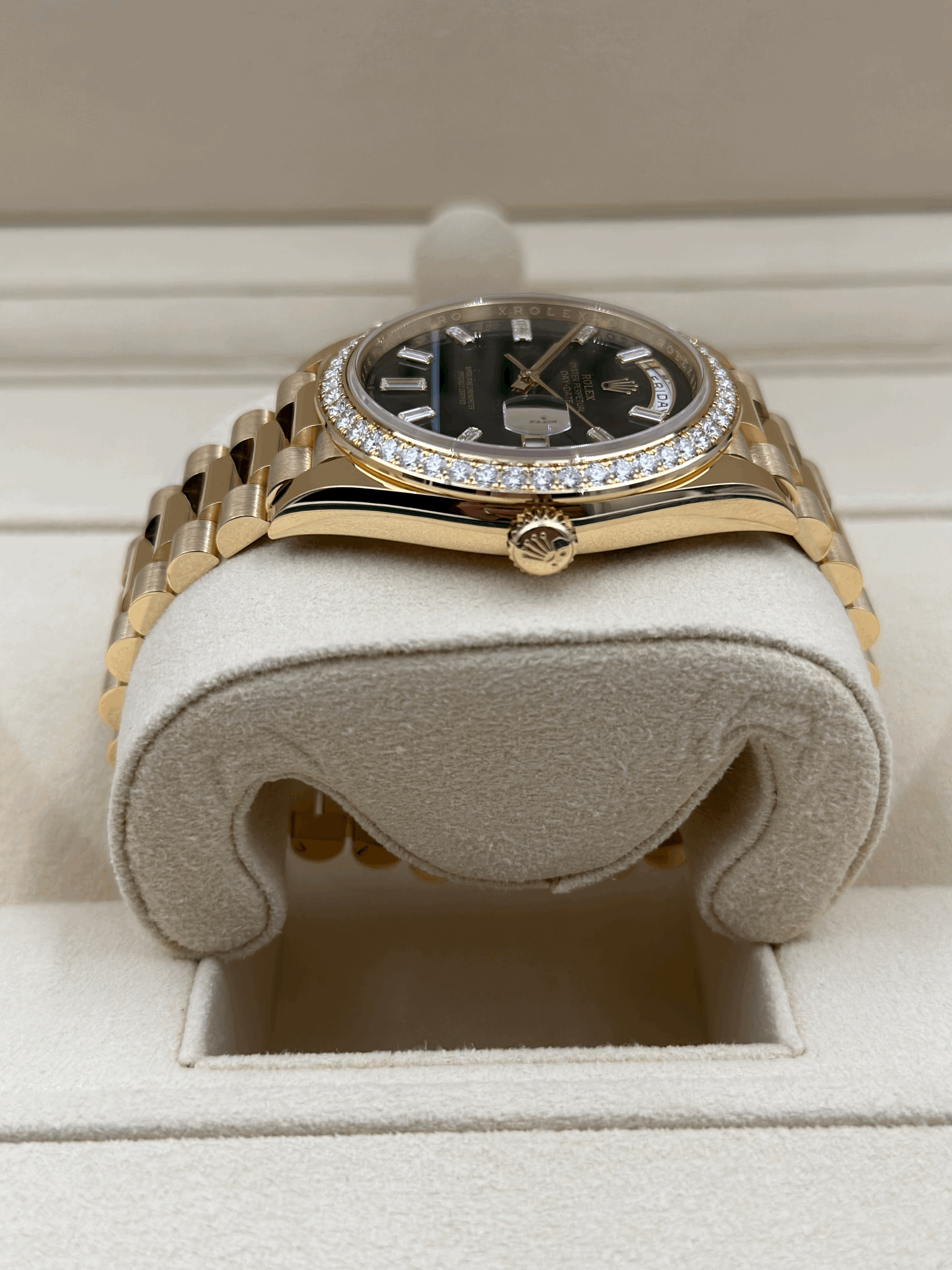 Day-Date 40 Yellow Gold Presidential Bracelet Black Baguette Dial Diamond Bezel Ref. 228348RBR-0001