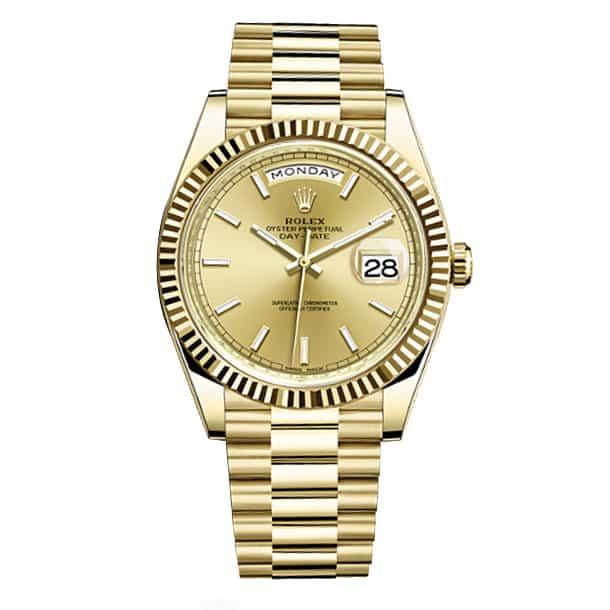 Rolex Day-Date 40 Presidential Champagne dial, Fluted Bezel, President bracelet, Yellow gold Watch