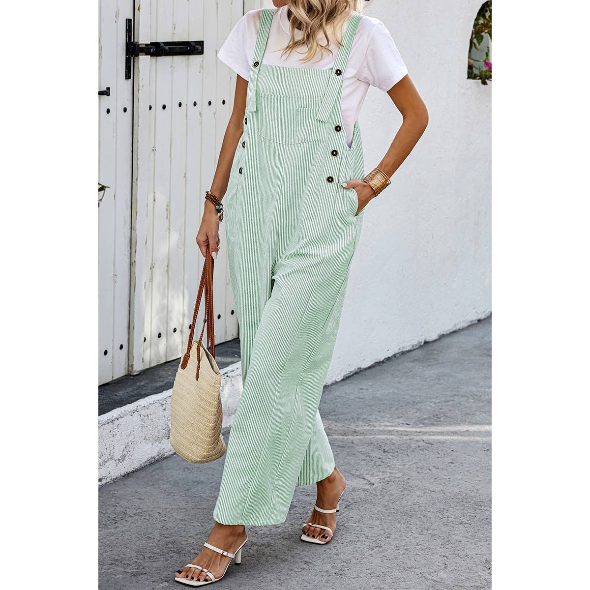 Solid Square Neck Button Trim Pockets Jumpsuit - BBHGWM