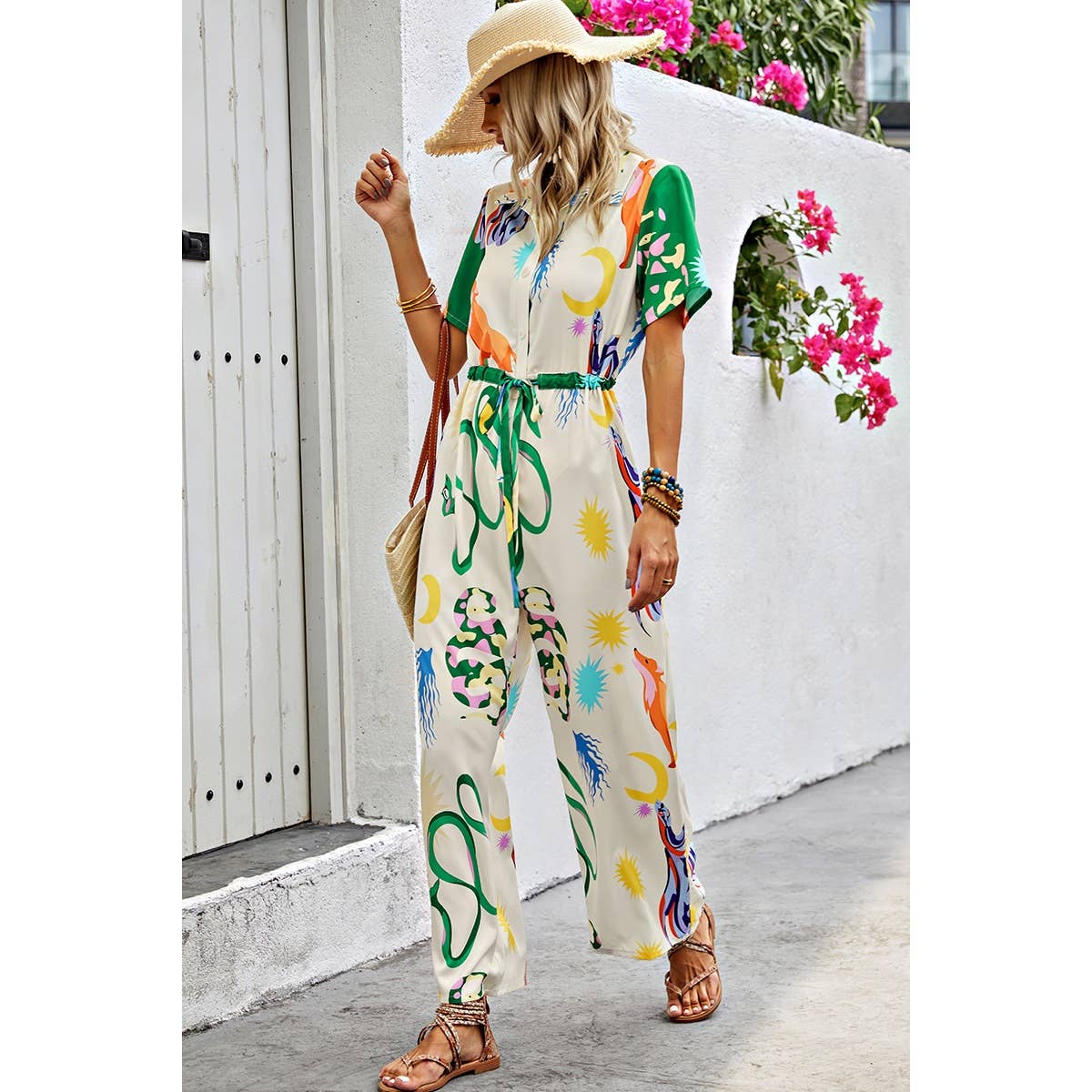 Allover Print Button Up Belt Jumpsuit - BBHGWM