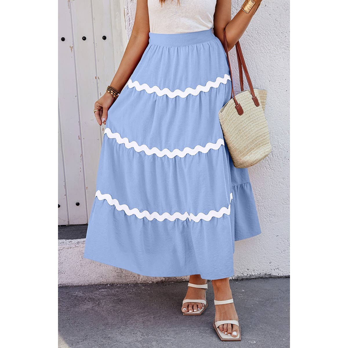 Waves Print Pleated Elastic Waist Band Skirt - BBHGWM