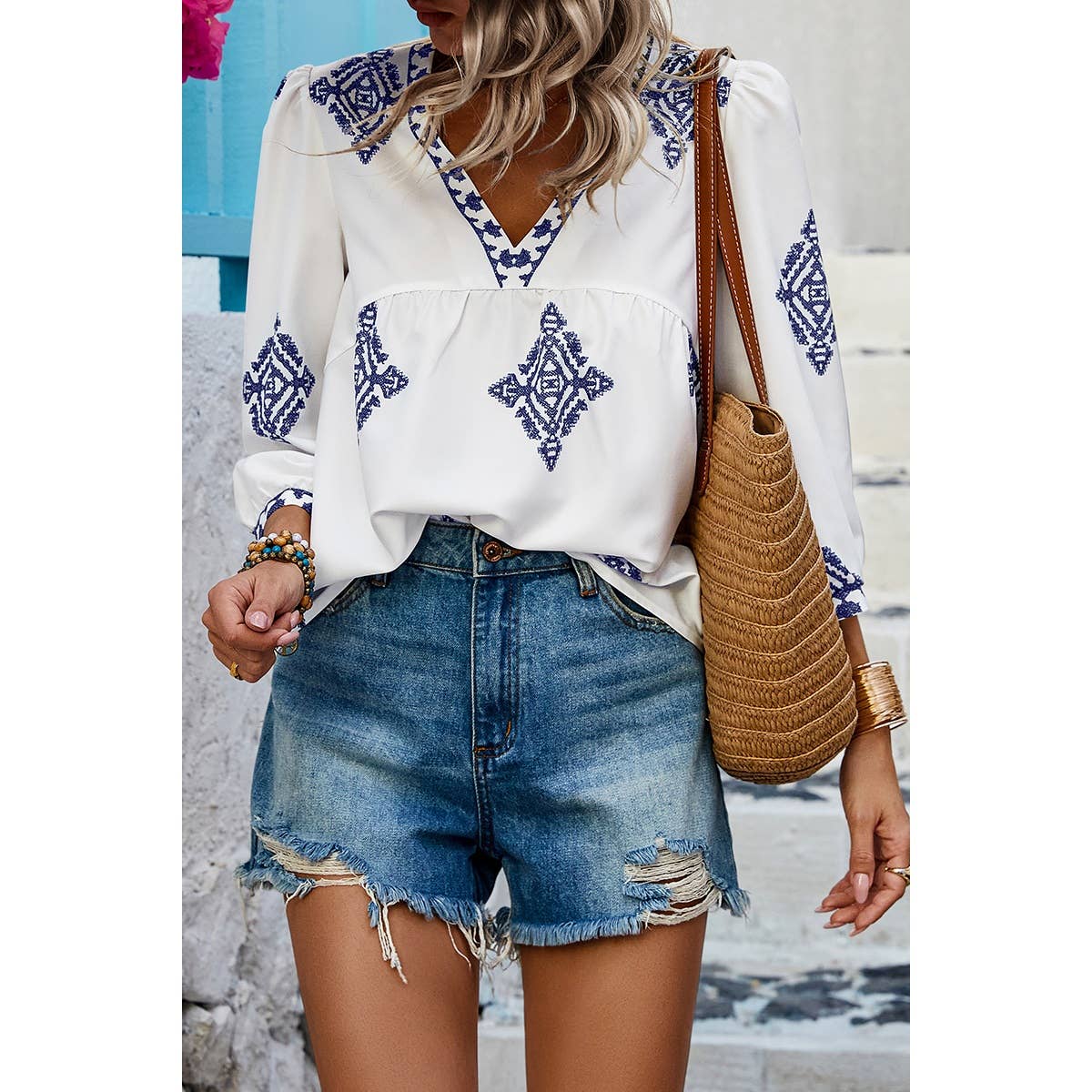 Printed T Shirt V Neck Loose Puff Sleeves Shirts - BBHGWM