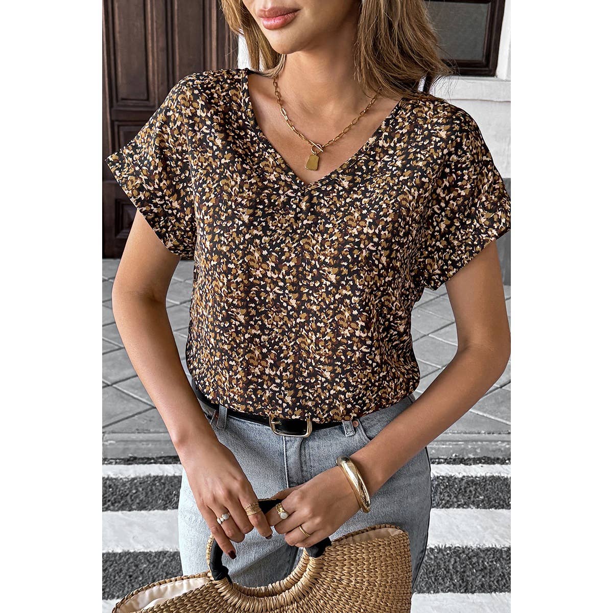 V Neck Floral Print Extended Sleeves Top - BBHGWM