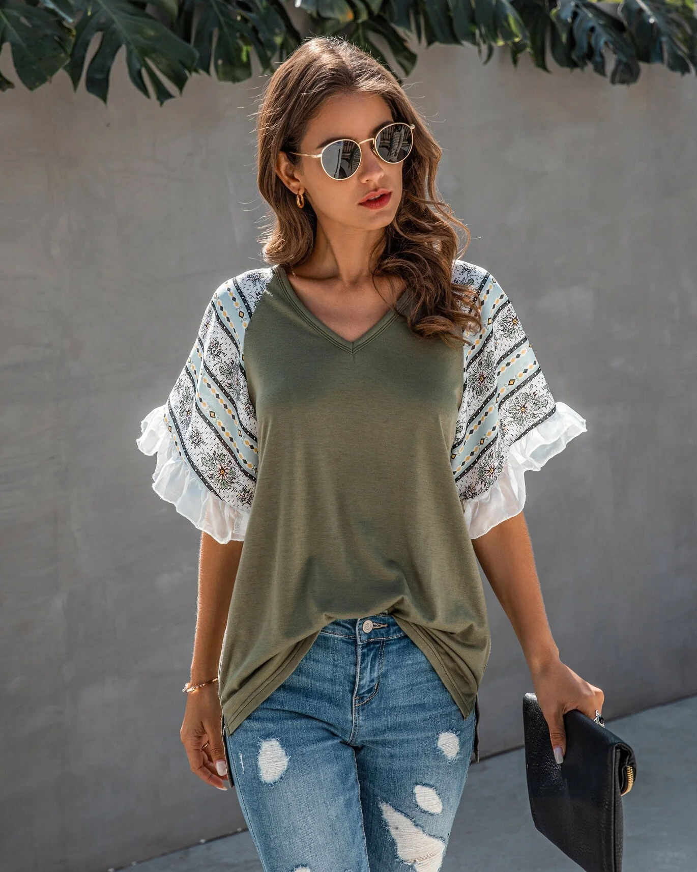 Splicing Print V Neck Ruffle Elegant Top - BBHGWM