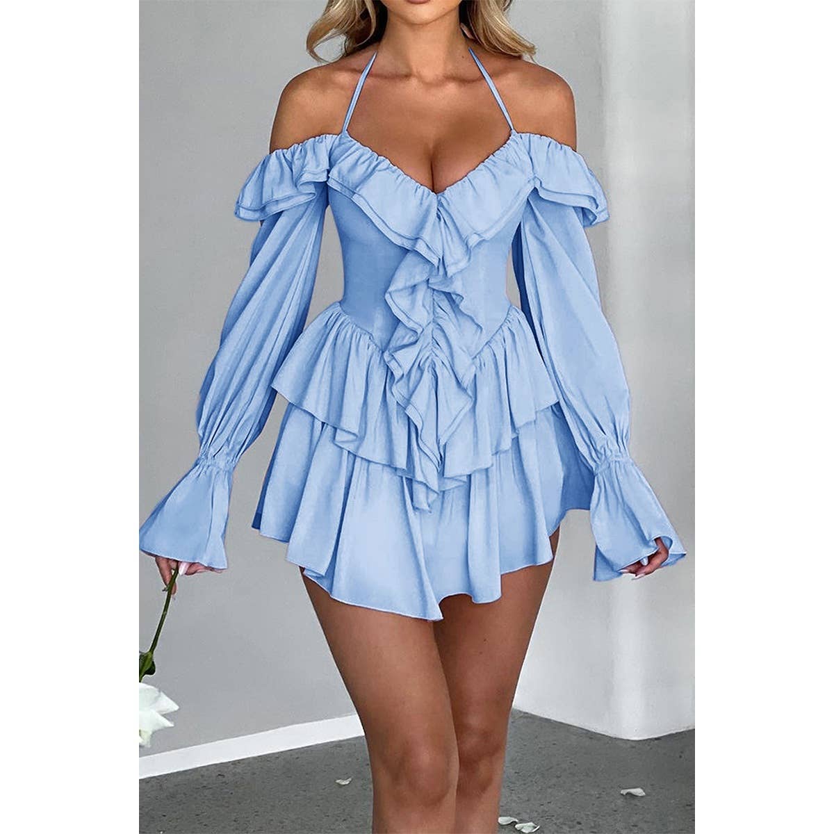 Off Shoulder Corset Ruffle Halter Mini Dress - BBHGWM