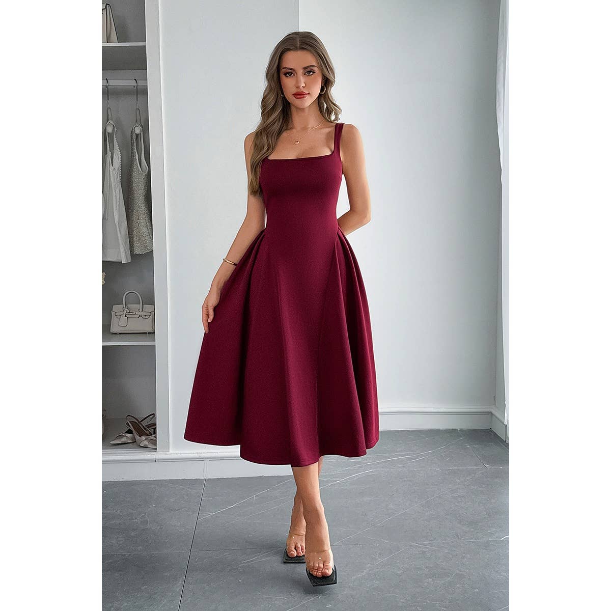Square Neck A Line Pleated Sleeveless Long Dress - BBHGWM